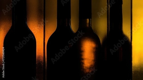 Fototapeta backlighting. An elegant display of wine bottles showcasing intricate glass textures and labels, illuminated by warm backlighting. bar promotions.