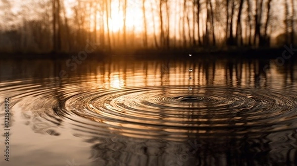 Fototapeta A close-up of ripples on the water surface, focusing on the center, with sunlight falling in the background, and a drop of water falling to create concentric circles.