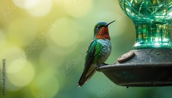 Fototapeta Close-up shot of a vibrant hummingbird perched gracefully beside a rustic emerald-green glass feeder, its iridescent green plumage glowing under soft daylight while warm orange chest feathers create 