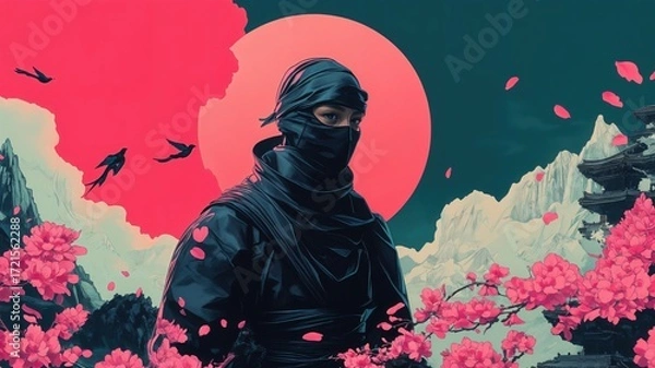 Fototapeta Ninja in a Sakura Garden A Mysterious Warrior's Serene Moment