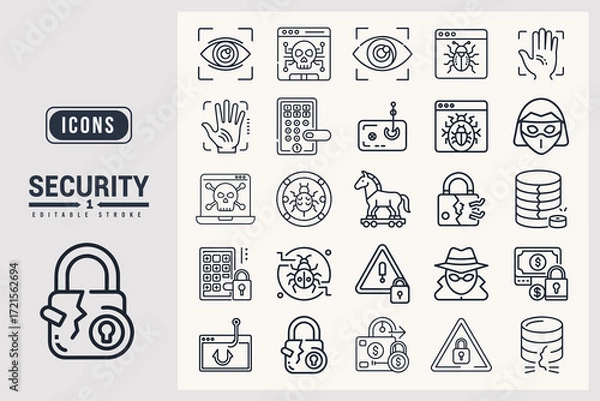 Fototapeta Collection of Cyber Security Icons Representing Digital Threats and Protection White Background