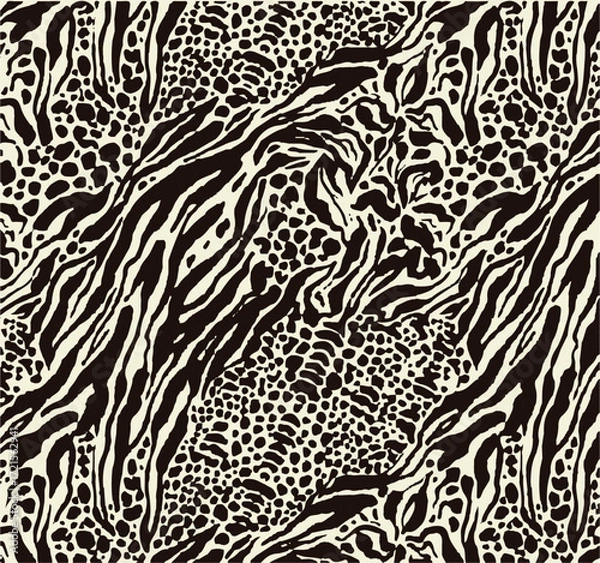 Fototapeta Leopard print. Vector seamless pattern. Animal skin background with black and brown spots on beige backdrop. Abstract exotic safari texture. Jaguar, leo, puma cheetah fur pattern. Repeat design