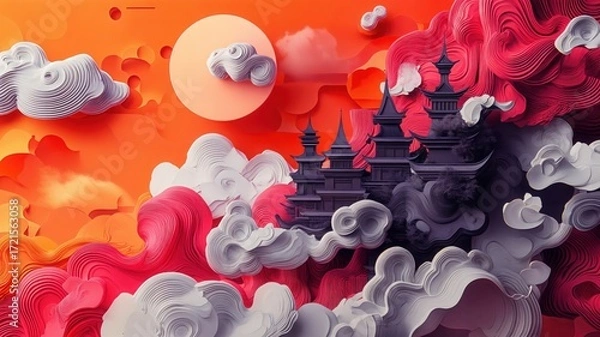 Fototapeta Mystical pagodas rise above a vibrant, stylized cloudscape in hues of red and orange, depicting an enchanting fantasy realm with intricate details and a dreamlike ambiance