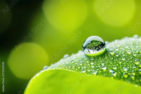 Obraz Green Leaf with Dew Drops Closeup
