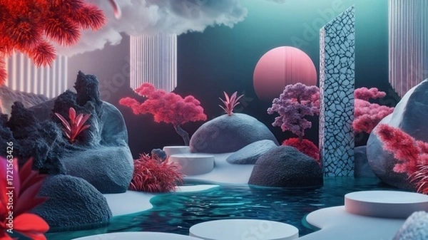 Fototapeta Surreal Digital Landscape Dreamlike Scene with Abstract Plants and Rocks