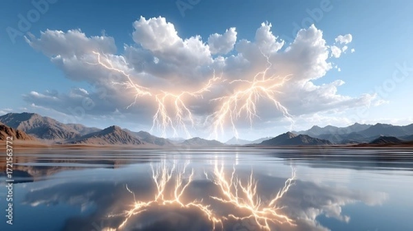 Fototapeta Dramatic Lightning Storm Over Tropical Water and Mountains at Dusk