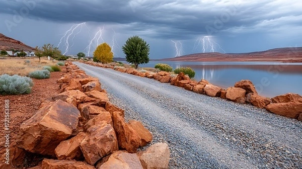 Fototapeta Dramatic Lightning and Storm Over Turquoise Cove with Scenic Road and Rocks