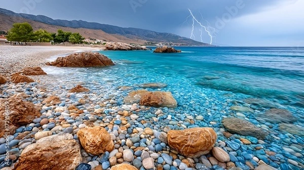 Fototapeta Dramatic Seascape with Lightning and Storm Over Turquoise Ocean Waves