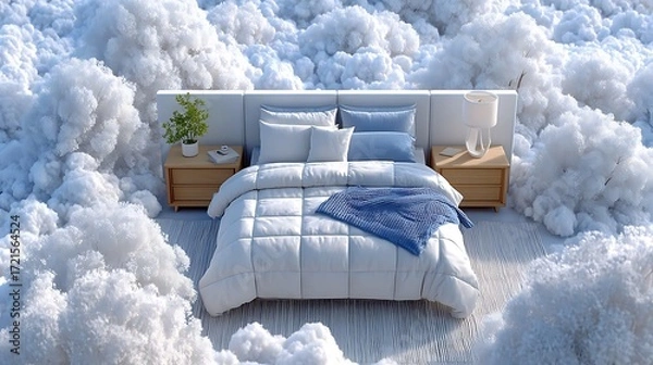 Fototapeta Dreamy Bed Under Moonlight in a Night Sky Filled with Soft Clouds and Serenity