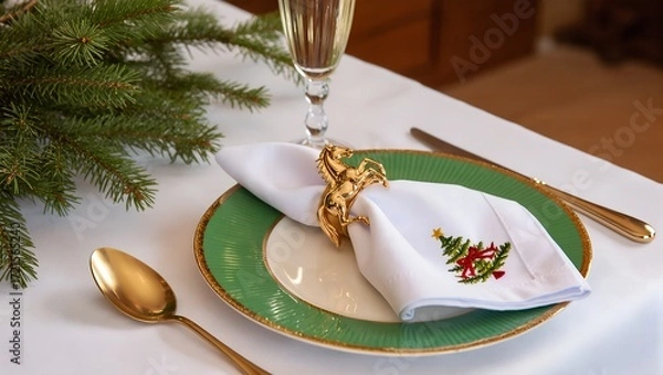 Fototapeta An elegant Christmas table setting with  horse napkin ring  on green plate and festive decor.