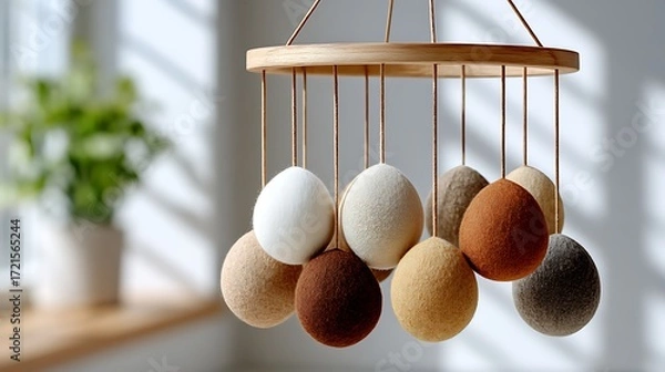 Fototapeta Soft Earthy Toned Baby Mobile Hanging Over Crib in Bright Natural Light