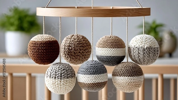 Fototapeta Earthy Toned Baby Mobile for Crib Displaying Soft Crochet Balls in a Modern Setting