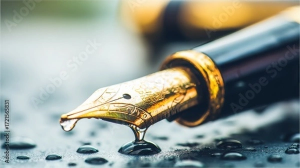 Fototapeta nib. Elegant fountain pen resting on a textured surface, captured from an overhead angle with warm lighting for a sophisticated look. lifestyle magazines.