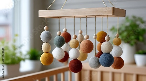 Fototapeta Minimalist Earthy Toned Mobile for Baby Crib with Soft Color Palette and Design