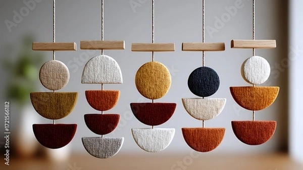 Fototapeta Warm Earthy Toned Geometric Baby Mobile Featuring Soft Diffused Shapes