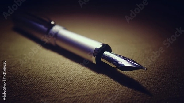 Fototapeta nib. Elegant fountain pen resting on a textured surface, captured from an overhead angle with warm lighting for a sophisticated look. lifestyle magazines.