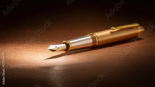 Fototapeta nib. Elegant fountain pen resting on a textured surface, captured from an overhead angle with warm lighting for a sophisticated look. lifestyle magazines.