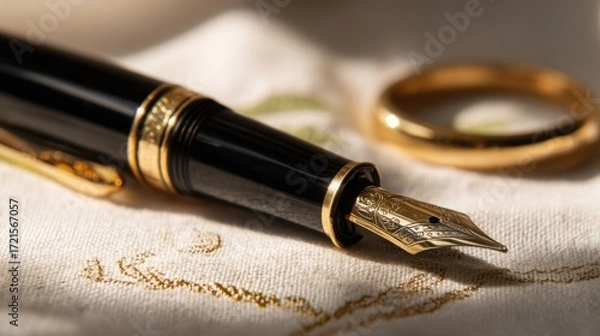Fototapeta nib. Elegant fountain pen resting on a textured surface, captured from an overhead angle with warm lighting for a sophisticated look. lifestyle magazines.