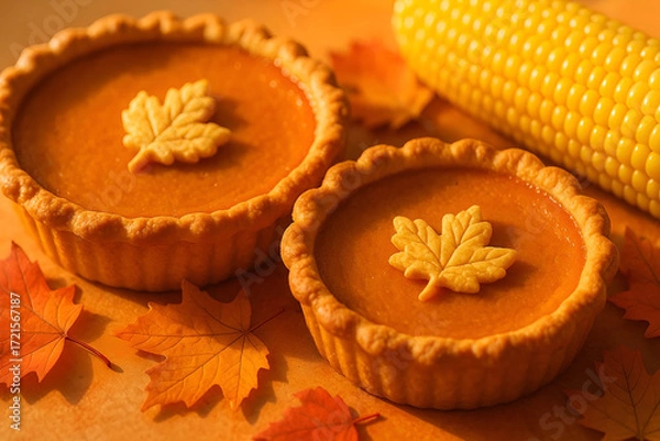 Obraz Macro Photography of Pumpkin Pies with Autumn Leaves and Corn
