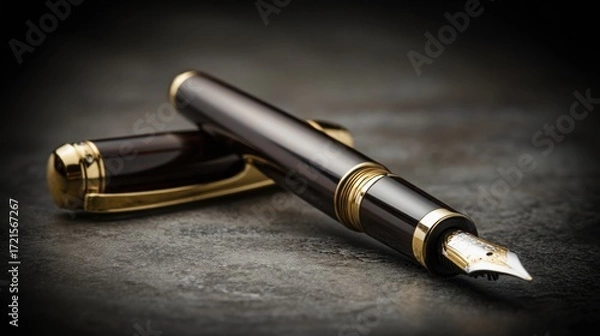Fototapeta nib. Elegant fountain pen resting on a textured surface, captured from an overhead angle with warm lighting for a sophisticated look. lifestyle magazines.