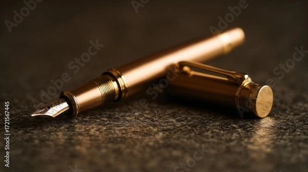 Fototapeta nib. Elegant fountain pen resting on a textured surface, captured from an overhead angle with warm lighting for a sophisticated look. lifestyle magazines.