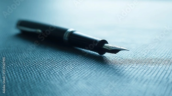 Fototapeta nib. Elegant fountain pen resting on a textured surface, captured from an overhead angle with warm lighting for a sophisticated look. lifestyle magazines.