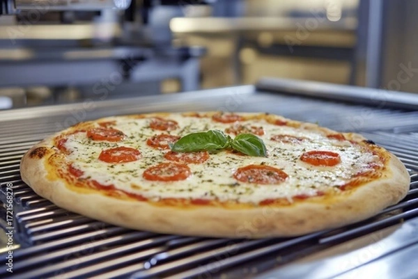 Fototapeta Fresh pizza with cheese and tomatoes on tray
