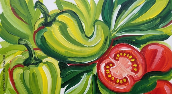 Fototapeta Painting of tomatoes and green peppers with leaves in vibrant colors on white canvas