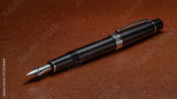Fototapeta nib. Elegant fountain pen resting on a textured surface, captured from an overhead angle with warm lighting for a sophisticated look. lifestyle magazines.
