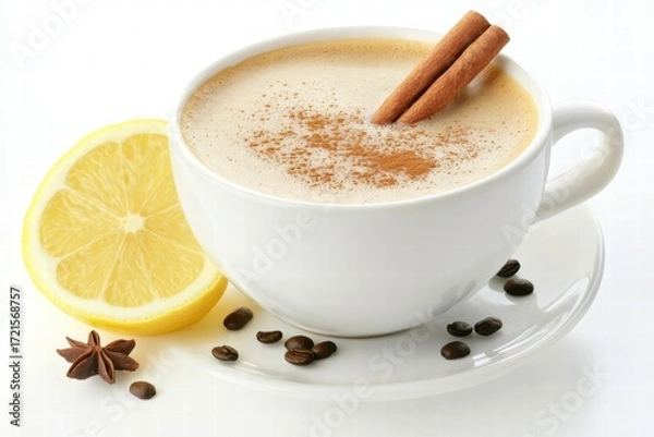 Fototapeta Cappuccino with cinnamon and lemon