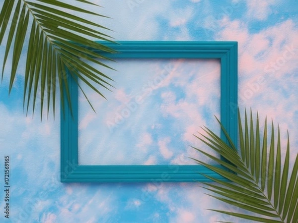 Obraz Teal picture frame centered on a blue and pink textured background with green palm leaves