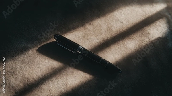 Fototapeta nib. Elegant fountain pen resting on a textured surface, captured from an overhead angle with warm lighting for a sophisticated look. lifestyle magazines.