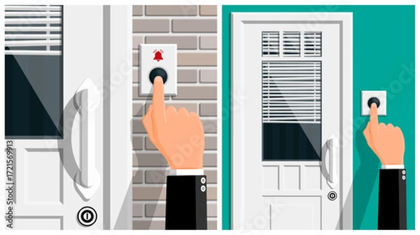 Fototapeta Man pressing doorbell button outside house. Visitor ringing bell for apartment entry. Flat style illustration for home security and guest arrival concept.