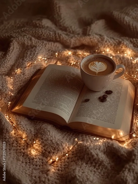 Fototapeta Cup of coffee with a book in a cozy setting. Winter mood and peaceful comfort.