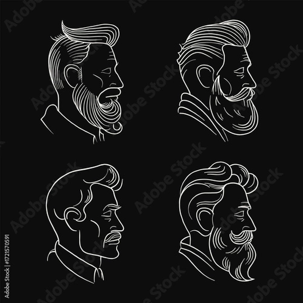 Fototapeta Hand drawn line art portraits of men with beard and hairstyle in profile view. Minimal vector illustration perfect for barbershop branding, fashion design, posters, wall art or logos
