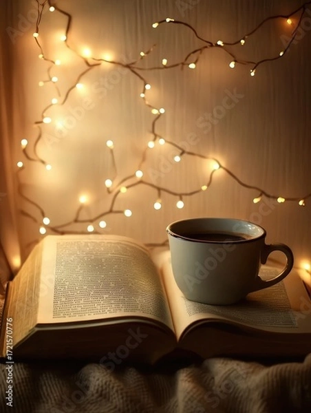 Fototapeta Cup of coffee with a book in a cozy setting. Winter mood and peaceful comfort.