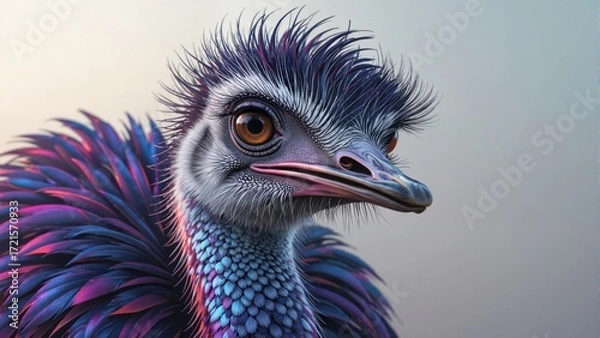 Fototapeta Close-up portrait of a vibrantly colored ostrich with blue and purple feathers on soft gradient background