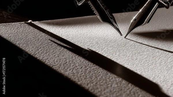 Fototapeta nib. Elegant fountain pen resting on a textured surface, captured from an overhead angle with warm lighting for a sophisticated look. lifestyle magazines.