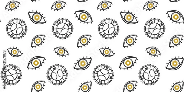 Fototapeta Eyes and dials with gears and cogwheels on a white background. Stylish endless texture with unusual ornament. Mechanism. Steampunk. Vector seamless pattern for wrapping paper, surface texture or print