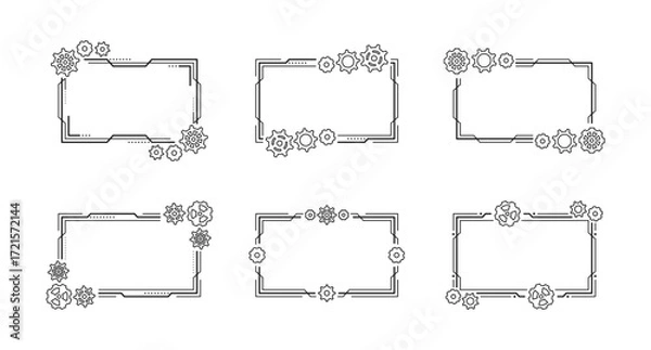 Fototapeta Outline rectangular frames with different gears and cogwheels. Black elements, isolated on a white background. Mechanism. Steampunk. Vector set for greeting card, decoration, cover, signage and emblem