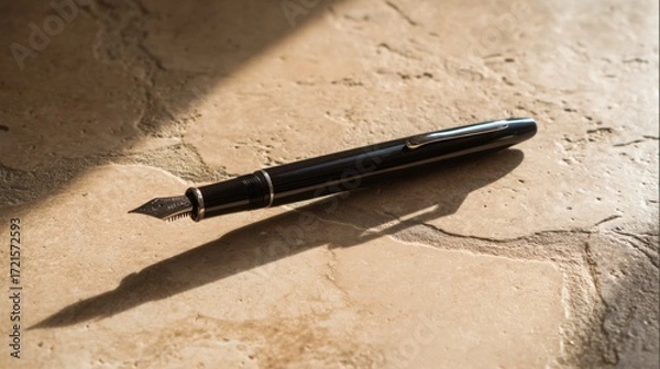 Fototapeta nib. Elegant fountain pen resting on a textured surface, captured from an overhead angle with warm lighting for a sophisticated look. lifestyle magazines.