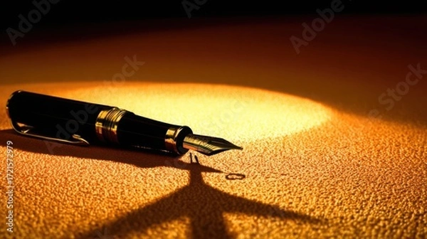 Fototapeta nib. Elegant fountain pen resting on a textured surface, captured from an overhead angle with warm lighting for a sophisticated look. lifestyle magazines.