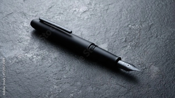 Fototapeta nib. Elegant fountain pen resting on a textured surface, captured from an overhead angle with warm lighting for a sophisticated look. lifestyle magazines.