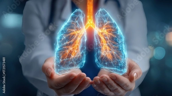 Obraz A doctor holds a glowing, digital representation of human lungs, symbolizing respiratory health and advanced medical technology