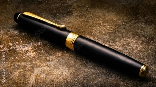 Fototapeta nib. Elegant fountain pen resting on a textured surface, captured from an overhead angle with warm lighting for a sophisticated look. lifestyle magazines.