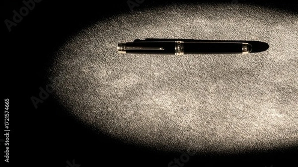 Fototapeta nib. Elegant fountain pen resting on a textured surface, captured from an overhead angle with warm lighting for a sophisticated look. lifestyle magazines.