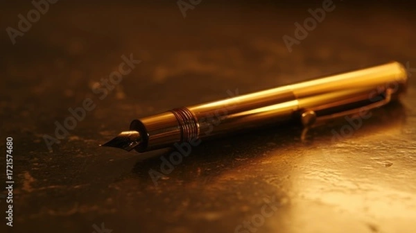 Fototapeta nib. Elegant fountain pen resting on a textured surface, captured from an overhead angle with warm lighting for a sophisticated look. lifestyle magazines.