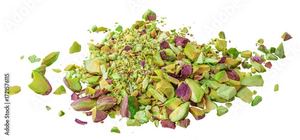 Fototapeta Isolated Pistachio crumbs on white background. Pistachio  Explosion with broken nut pieces. Levitating Pistachio nuts  Top view. Flat lay. Pattern 