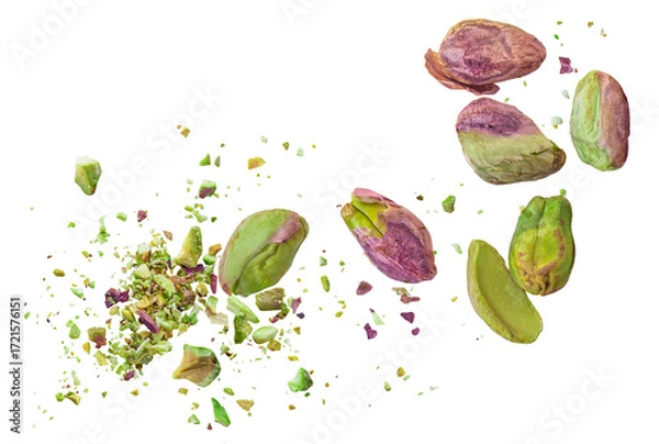 Fototapeta Pistachio nuts explosion. Levitating pistachio pieces shattering isolated on white background. Falling pistachio nut chunks, shavings and  crumbs 