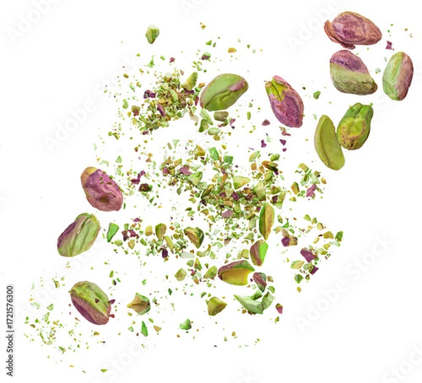 Fototapeta Peeled Pistachio nuts explosion. Levitating pistachio pieces shattering isolated on white background. Falling pistachio nut chunks, shavings and  crumbs 